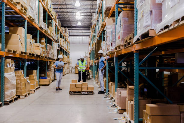 istock Man pushes pallet jack full of packages loaded by team 1446073024