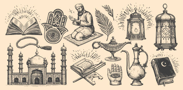islam satz von skizzen. koranbuch, muslimische moschee, rituelles gebet namaz. religion konzept vintage vektor illustration - dogma stock-grafiken, -clipart, -cartoons und -symbole