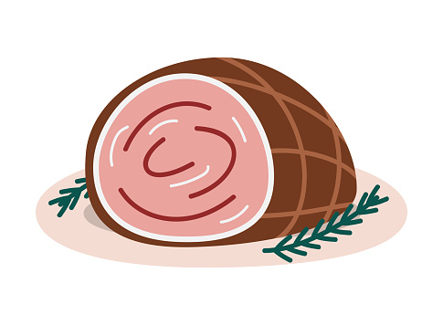 Hand drawn cute cartoon illustration of roast beef. Flat vector Christmas traditional baked ham sticker in colored doodle style. New Year, Xmas icon or print. Isolated on background.