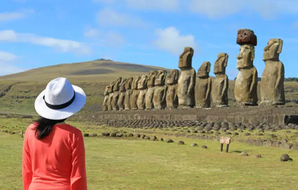 Photo of Female Visiting the Iconic Fifteen Moai Statues of Ahu Tongariki Ceremonial Platform on Easter Island, Chile, South America