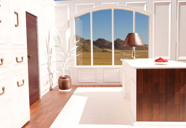 Interior of a modern marble and mahogany room with a work desk. Interior design. 3d illustration.