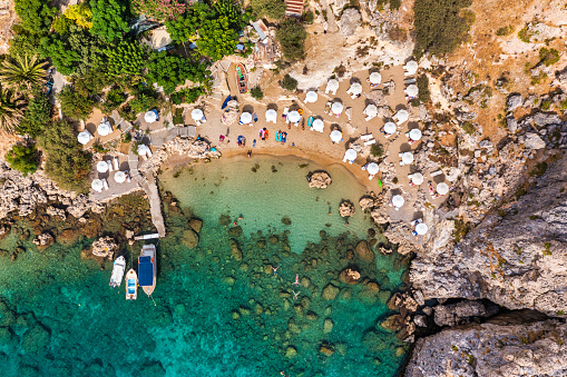 Aerial view on St. Paul's bay in Lindos, Rhodes island, Greece. Panoramic shot overlooking St Pauls Bay at Lindos on the Island of Rhodes, Greece, Europe.