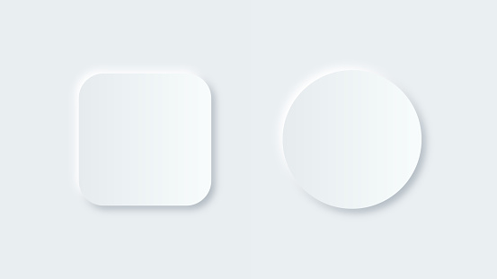 Neumorphism round and square button design. Vector white paper frames. Blank labels, banners, icons or stickers for your design
