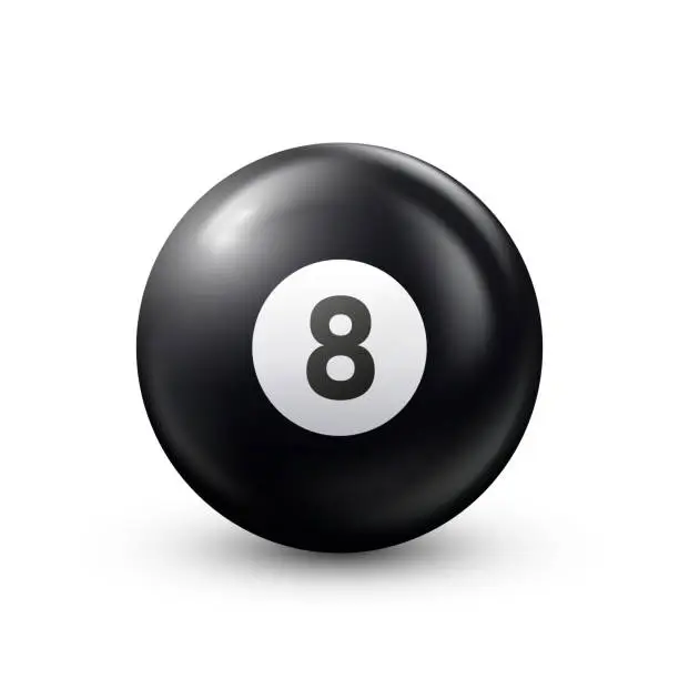 Vector illustration of Billiard, black pool ball with number 8 Snooker or lottery ball on white background.Vector illustration
