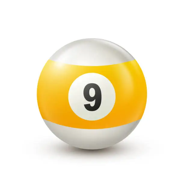 Vector illustration of Billiard, yellow pool ball with number 9 Snooker or lottery ball on white background.Vector illustration