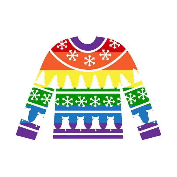 Vector illustration of Warm rainbow pride sweater for gay lgbt person. Queer christmas and new year concept. Vector flat illustration.