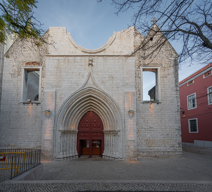 Lisbon, Portugal - Feb 26, 2020: Carmo Convent Entrance (Convento do Carmo) - Lisbon, Portugal
