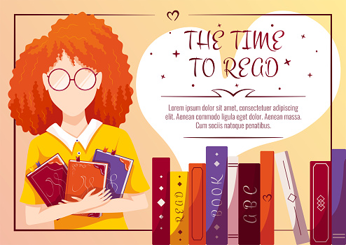 Woman with books and a stack of books. Book lover, Reading, Book store, Library, Education concept. A4 vector illustration for flyer, poster, banner.