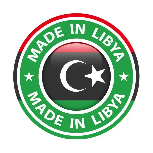 Vector illustration of Made in Libya badge vector. Sticker with stars and national flag. Sign isolated on white background.