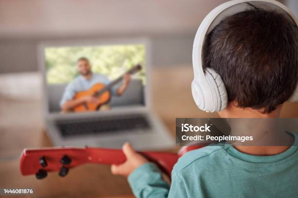 Education Laptop And Child With Guitar Learning How To Play On Remote Lesson E Learning Or Streaming Tutorial Video Talent Online Musician Course Or Creative Kid Study Music With Teacher Or Coach Stock Photo - Download Image Now