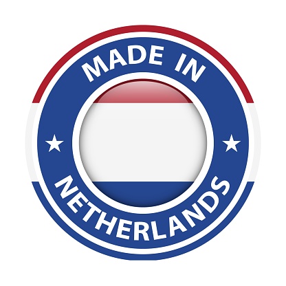 Made in Netherlands badge vector. Sticker with stars and national flag. Sign isolated on white background.