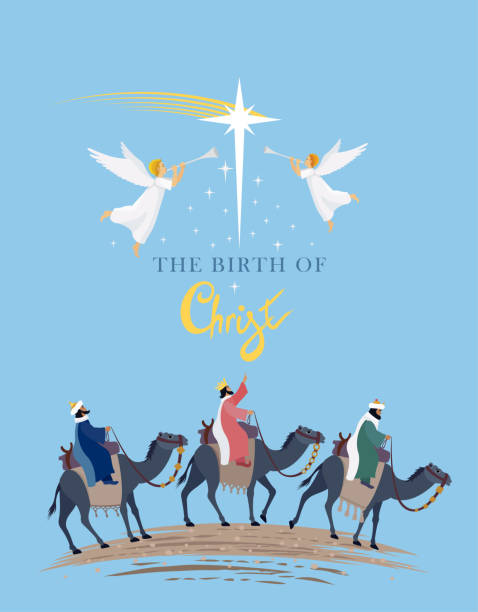 Three Wise Men. Christmas Star. Nativity Scene Poster. vector art illustration