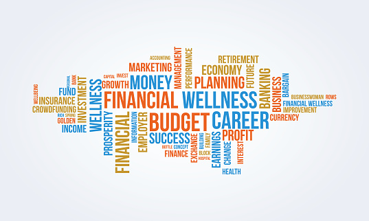 Financial Wellness world cloud background. Lifestyle awareness Vector illustration design concept.