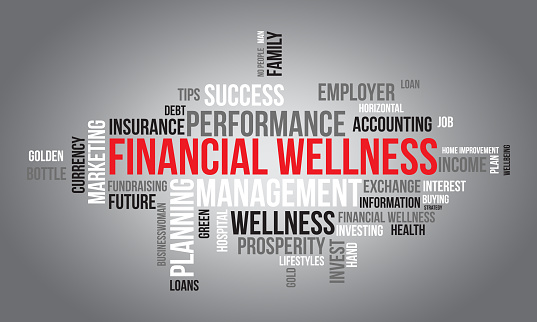 Financial Wellness world cloud background. Lifestyle awareness Vector illustration design concept.