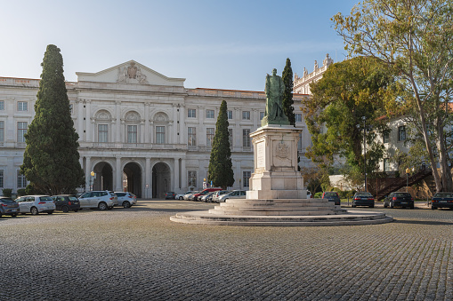Lisbon, Portugal - Feb 28, 2020: Palace of Ajuda and King Dom Carlos I Statue- Lisbon, Portugal