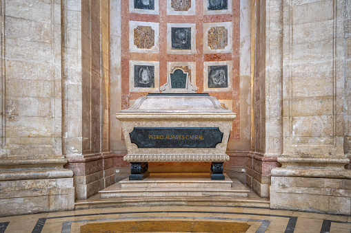 Lisbon, Portugal - Feb 27, 2020: Pedro Alvares Cabral Cenotaph at National Pantheon Interior - Lisbon, Portugal