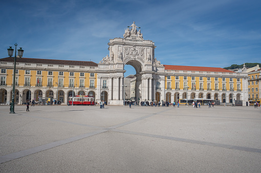 Lisbon, Portugal - Feb 14, 2020: Praca do Comercio Plaza and Rua Augusta Arch - Lisbon, Portugal