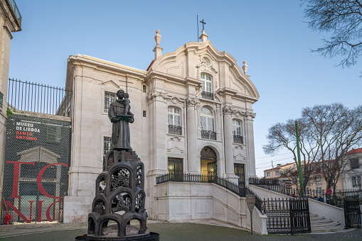 Lisbon, Portugal - Feb 18, 2020: Saint Anthony Statue in front of Saint Anthony Church (Igreja Santo Antonio de Lisboa) - Lisbon, Portugal
