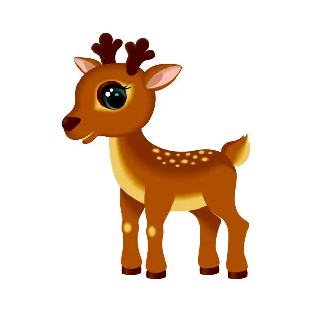 Vector illustration of Cute cartoon fawn of brown color with big eyes isolated on white background. Calf. Cute vector animals. Vector illustration.