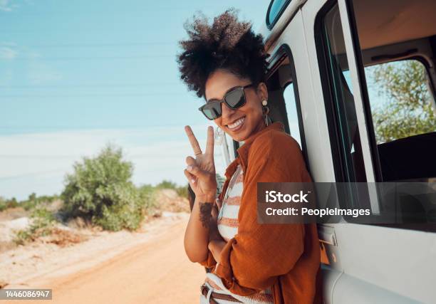 Travel Van And Woman With Peace Hand Sign On Road Trip In Mexico Happy Relax And Smile Summer Nature And Journey In A Countryside With A Black Woman Excited About Adventure And Hipster Lifestyle Stock Photo - Download Image Now
