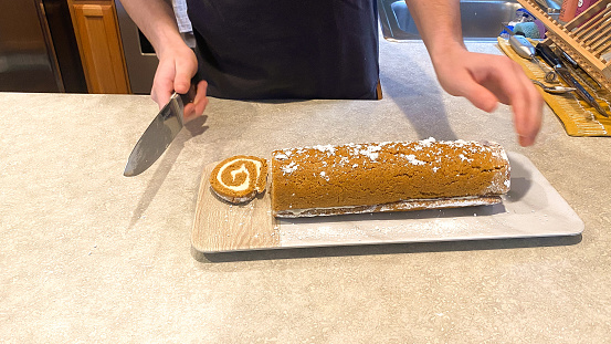 A Thanksgiving pumpkin roll is waiting to be had by all. This devious dessert is a favorite to many during this fall holiday.