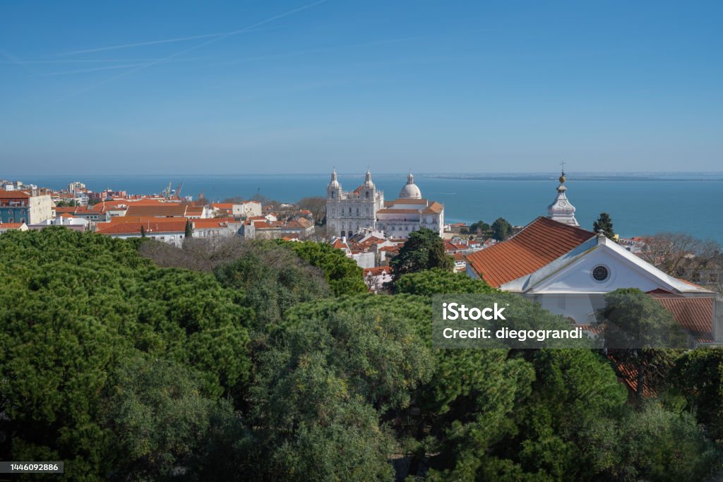 Aerial view of Lisbon with Church of Sao Vicente de Fora and National Pantheon - Lisbon, Portugal Aerial View Stock Photo