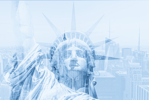 Double exposure new york city cityscape skyline with statue of liberty