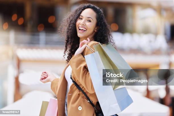 Shopping Happy And Portrait Of Customer With Bag After Shopping Spree Buying Retail Fashion Product On Store Discount Sales Smile And Young Black Woman At Luxury Shopping Mall To Purchase Clothes Stock Photo - Download Image Now