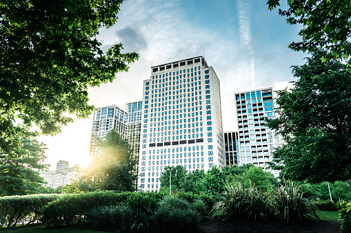 Business towers and Green leaves, London
