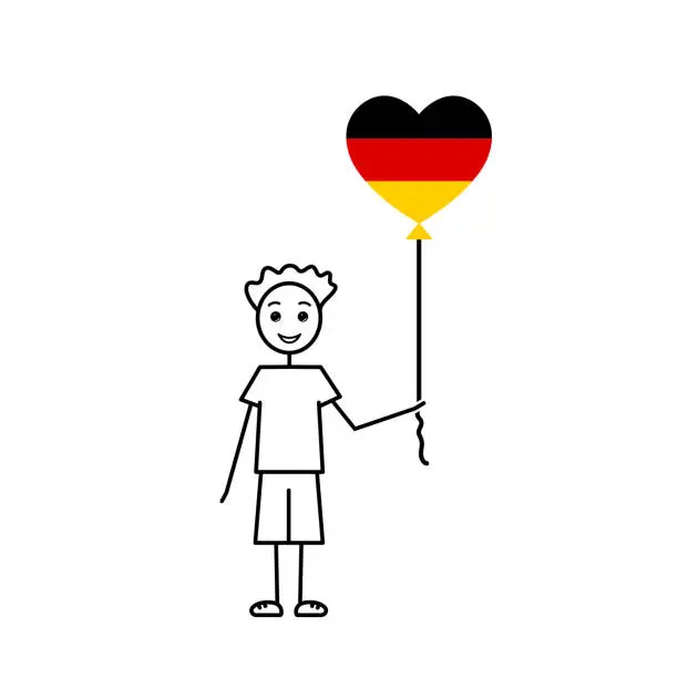 Vector illustration of hand drawn german boy, love Germany sketch, male character with a heart shaped balloon, black line vector illustration, deutschland