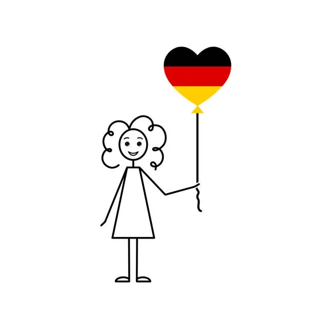 Vector illustration of hand drawn german girl, love Germany sketch, curly girl with a heart shaped balloon, black line vector illustration, deutschland