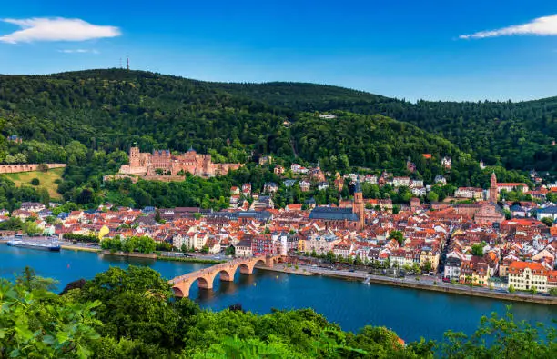 Landmark and beautiful Heidelberg town with Neckar river, Germany. Heidelberg town with the famous Karl Theodor old bridge and Heidelberg castle, Heidelberg, Germany.