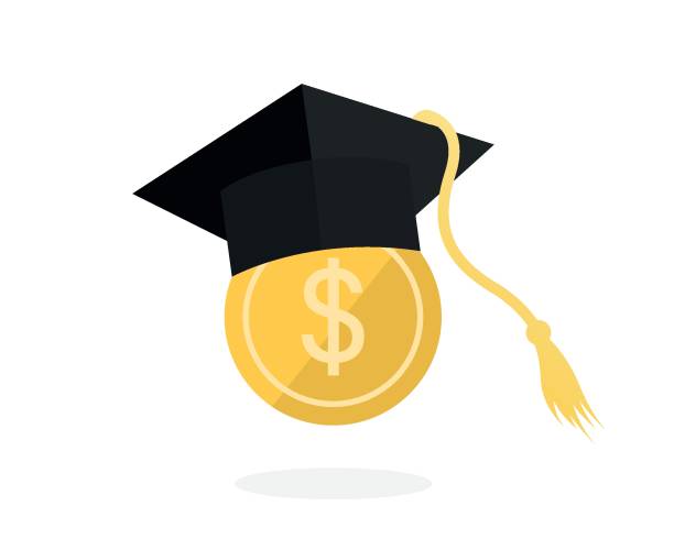 ilustrações de stock, clip art, desenhos animados e ícones de education costs. graduation cost or expensive education or scholarship loan vector. money and graduation cap. education budget and university tuition fee. vector. - university finance charity and relief work currency