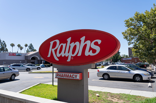 Pasadena, California, USA - July 7, 2022: A Ralphs store sign is shown in Pasadena, California, USA. Ralphs is a Chain grocery offering produce, meat, alcohol, plus a bakery and pharmacy.