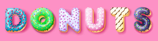 istock Donuts sign icing upper latters of donuts. Bakery sweet alphabet. Donuts alphabet latters isolated on pink background, vector illustration 1446106248