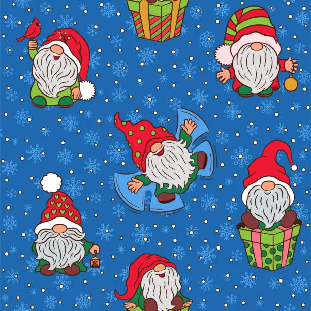 Vector illustration of Christmas gnomes pattern.