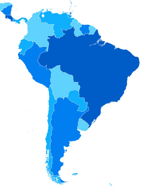 ilustraciones, imágenes clip art, dibujos animados e iconos de stock de américa del sur mapa azul detallado con países y fronteras internacionales - argentina map chile cartography