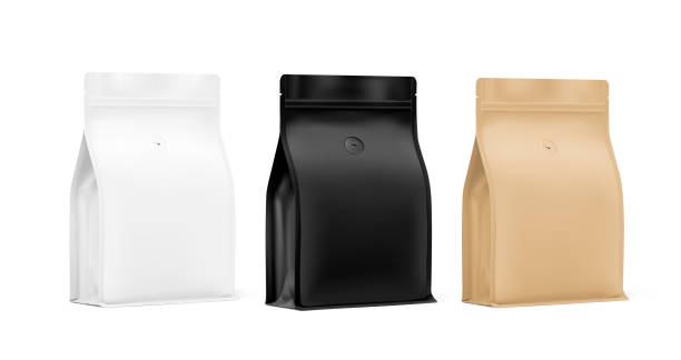 istock White, black and kraft stand-up pouch bags with flat bottom side gusseted and air valve. 1446111430
