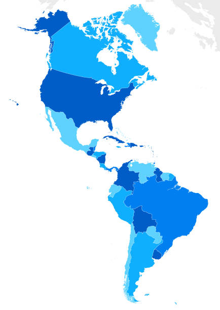 north and south america high detailed blue map with countries, regions and borders - mexico argentina 幅插畫檔、美工圖案、卡通及圖標