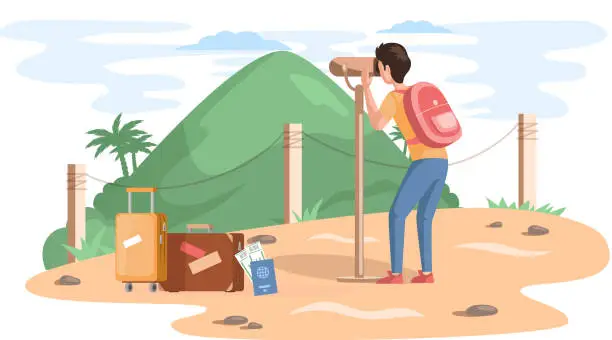 Vector illustration of Travel and vacation. Male character in vacation with backpack. Hiking tourism on natural landscape