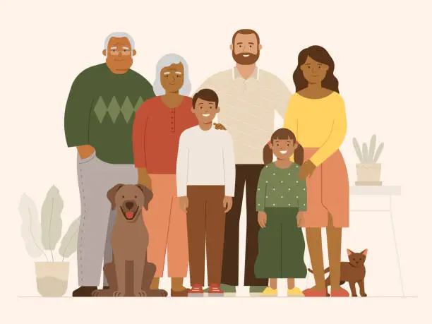 Vector illustration of Portrait of multiracial happy family with children and pets