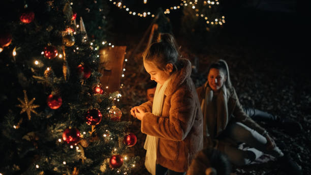 istock Young girl looking at her beautifully decorated Christmas tree 1446115659