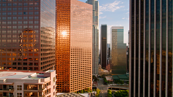 Aerial shot of skyscrapers on Bunker Hill in the financial district of downtown Los Angeles, California on a sunny day in spring.