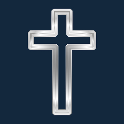 Silver Christian cross. Religious design template, a symbol of faith. Realistic vector illustration  isolated on dark blue background