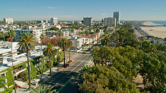 Aerial establishing shot of Santa Monica, California on a sunny day. Authorization was obtained from the FAA for this operation in restricted airspace.