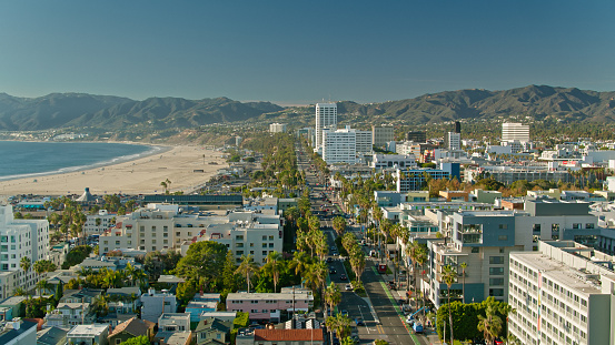 Aerial shot of Santa Monica Beach in California on a sunny autumn afternoon. Authorization was obtained from the FAA for this operation in restricted airspace.