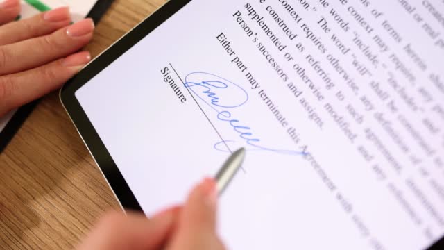 Macro representation of electronic signature on tablet computer using stylus in hand