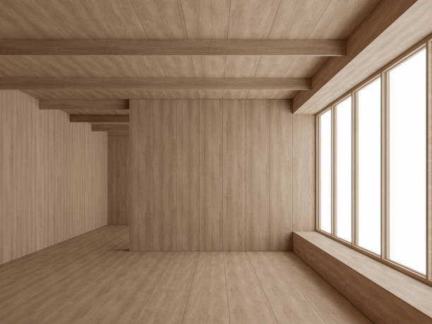 istock Minimal style modern contemporary empty room interior with all wooden material 3d render 1446121902