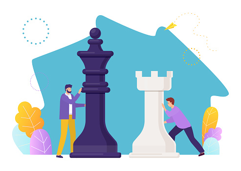 Success business teamwork strategy, employee character push chess piece, successful firm flat vector illustration, isolated on white. Company deal biz management, male colleague work together.