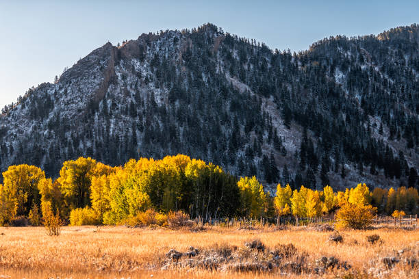 pequeña ciudad de aspen, colorado con campo rural camino agrícola con cerca en otoño invierno con nieve, montañas rocosas en el vecindario de woody creek - scenics building exterior tourist resort orange fotografías e imágenes de stock